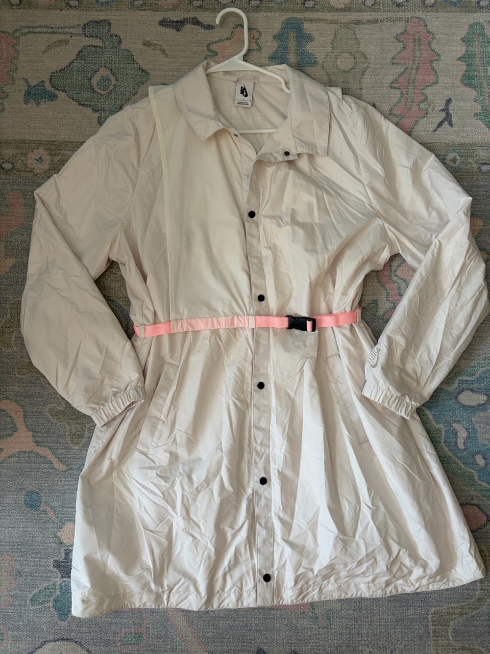 Light Cream Button-Front Nike Raincoat with Pink Belt